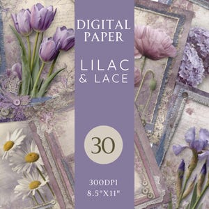 Lilac & Lace Digital Paper Pack, Purple Junk Journal Kit, Floral Scrapbook Pages, Printable Vintage Ephemera, 8.5x11" 300DPI JPG Paper Set