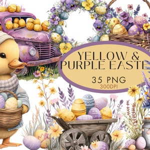 Violet jaune Pâques aquarelle Clipart PNG Bundle, poussin oeuf lapin panier guirlande Junk Journal usage Commercial, téléchargement numérique immédiat