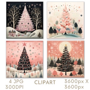 Rosa Weihnachtsbaum Digitales Papier Set 4 JPG Weihnachtskarte Herstellung Nordische Festliche Junk Journal Seiten Scrapbook Digital Sofort Download