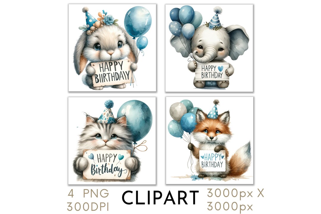 Blue Happy Birthday Clipart Illustration Watercolor Images PNG Set 4