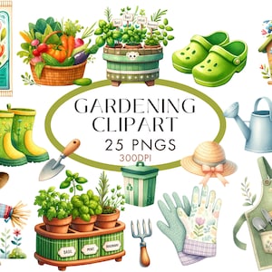 Jardinagem Aquarela Clipart PNG Bundle, Wellies Estufa Vegetais Ervas Pá Clipart para Uso Comercial, Download Digital Instantâneo