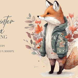 Renard d'hiver Clipart aquarelle PNG, Clipart animaux de la forêt, Clipart de chambre d'enfant, usage Commercial des cliparts, Templett, Corjl & Canvas Friendly