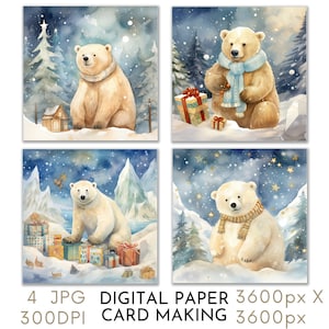 Papel digital de urso polar para artesanato em papel Cartões festivos de Natal Cartões comemorativos Artesanato de scrapbook de Natal Download instantâneo Papel digital JPG
