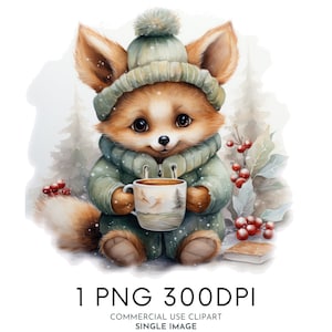 Hiver mignon renard aquarelle Clipart PNG, des cliparts animaux de la forêt, des cliparts pour chambre d'enfant à usage Commercial des cliparts, Templett, Corjl & Canva Friendly