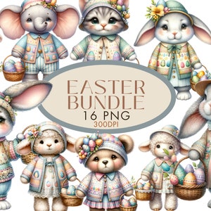 Pâques Clipart PNG Bundle, ours en peluche chiot chaton Lion éléphant agneau Pâques aquarelle Clipart pour un usage Commercial, téléchargement numérique