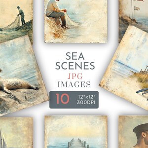Fondos de playa, papeles cuadrados digitales, páginas de diario marino, álbum de recortes náutico, foca, faro, barco, pescador, uso comercial, JPG