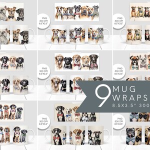 Watercolor Dog In Bowties Mug Wrap Bundle, Cute Gift Mug Design, 11oz Mug Templates, Instant Download Coffee Mug Full Wrap, Mug PNG