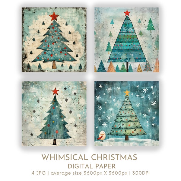 Whimsical Christmas Tree Digital Paper Set 4 JPG Christmas Card Making Festive Santa Junk Journal Pages Scrapbook Digital Instant Download