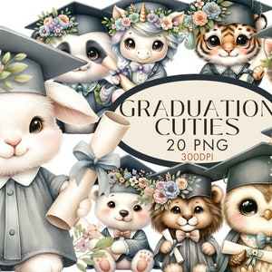 L'obtention du diplôme Clipart PNG Bundle, école maternelle lapin souris chambre d'enfant aquarelle utilisation commerciale, écureuil hérisson téléchargement numérique