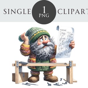 DIY Gnome Clipart, Carpenter Gnome PNG Illustration, House Improvement Gnonk, Ideal para Cartões de Felicitações, Artesanato, Convites, Projetos de Papel