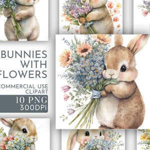 Bunny with Flowers Clipart PNG, Scrapbooking, Card Making , Nursery Sprint Bunny Bundle Commercial Use , Transparent PNGS Instant Download