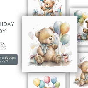 Verjaardag teddy aquarel clipart JPG, Paper Crafting, ballonnen presenteert aquarel kunst aan de muur commercieel gebruik Digitale Instant Download