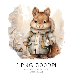 Écureuil mignon hiver aquarelle Clipart PNG, des cliparts animaux de la forêt, des cliparts pour chambre d'enfant à usage Commercial des cliparts, Templett Corjl & Canva Friendly