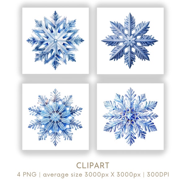 Blue Snowflake Clipart Watercolor Clipart PNG Set 4 Festive Xmas Snow Commercial Use Paper Crafts Digital Instant Download