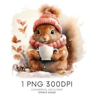 Écureuil mignon hiver aquarelle Clipart PNG, des cliparts animaux de la forêt, des cliparts pour chambre d'enfant à usage Commercial des cliparts, Templett Corjl & Canva Friendly