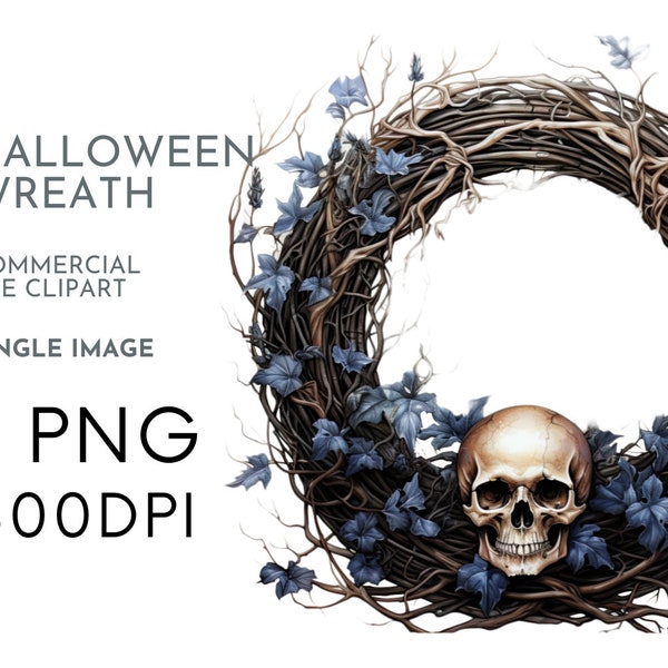 Watercolor Halloween Wreath, Gothic Single Image Clipart PNG for Commercial Use, Skull Spooky , Transparent PNGs, Invite Crafting