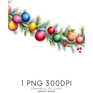 Kerstbal Garland aquarel clipart PNG Xmas feestelijke clipart, vakantie clipart commercieel gebruik clipart Templett Corjl Canva vriendelijk