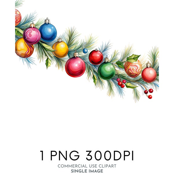 Christmas Bauble Garland Watercolor Clipart PNG Xmas Festive Clipart, Holidays Clipart Commercial Use Clipart Templett Corjl  Canva Friendly
