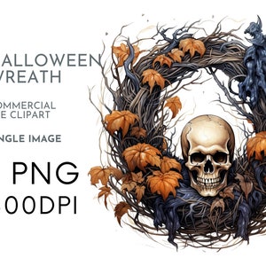 Watercolor Halloween Wreath, Gothic Single Image Clipart PNG for Commercial Use, Skull Spooky , Transparent PNGs, Invite Crafting