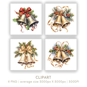 Christmas Bells Clipart Watercolor Clipart PNG Set 4 Christmas Xmas Commercial Use Paper Crafts Digital Instant Download