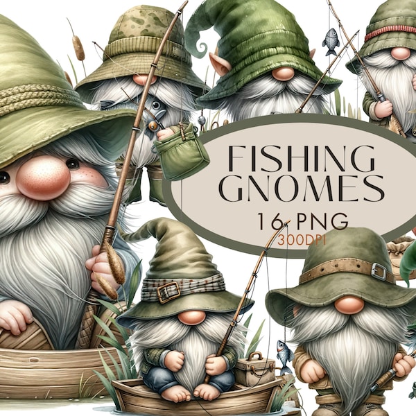 Fishing Gnomes Clipart PNG Bundle, Fish Net Boat Gonk Summer Wildflowers Watercolor Clipart for Commercial Use Digital Instant Download