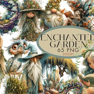 Paquete de imágenes prediseñadas de acuarela de jardín encantado, diario basura de hadas, gnomos, sílfides, hongos de cristal, uso comercial, descarga digital instantánea