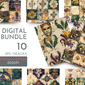 Vintage Patchwork Junk Journal Papier, Mardi Gras Digitale Seiten mit Blumenmuster, Karneval druckbare Ephemera, Scrapbooking Zubehör