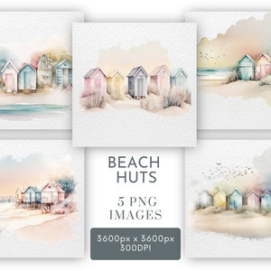 Aquarelle de cabines de plage, Seasisde Clipart PNG, scrapbooking, fabrication de cartes, cabines de plage pastel usage Commercial téléchargement immédiat