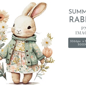 Kaninchen mit Blumen Clipart PNG, Kinderzimmer Clipart, Sommer Clipart, Sofortiger Download Basteln Stock Bilder Kommerzielle Nutzung