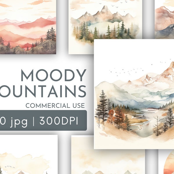 Fall Mountain Papers Backgrounds Digital, Shabby Vintage Square Papers, Journal Pages Autumn Scene Scrapbook Cards Gifts Commercial Use JPG