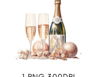 Christmas Champagne Bottle and Glasses and Flowers Watercolor Clipart PNG, Christmas Commercial Use Clipart Templett, Corjl & Canva Friendly