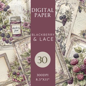 Papel de diario basura de mora y encaje: 30 páginas vintage imprimibles con tarros de mermelada, etiquetas, frutas y flores. Kit digital de 21,5 x 28 cm.