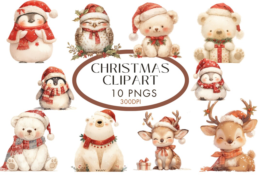 Christmas Animals Watercolor Clipart PNG, Santa Hat Penguin Deer Owl ...