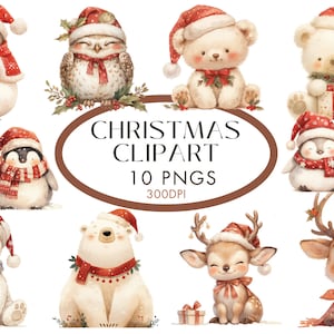 Animales navideños Acuarela Clipart PNG, Gorro de Papá Noel Pingüino Ciervo Búho Osos polares Diario basura Álbum de recortes Uso comercial Descarga instantánea