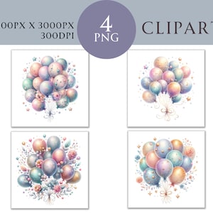 Pastel Bunch Balloons Clipart Watercolor PNG Set 4 Watercolour Balloon Illustrations  Commercial Use Paper Crafts Digital Instant Download