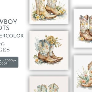 Cowboy Boots with Flowers  Watercolor Clipart JPG, Boho Boots  Watercolor Wall Art Commercial Use Digital Instant Download