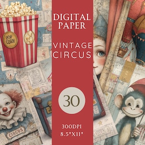 Vintage Circus Digital Paper Pack: Scrapbook & Journal Ephemera (8.5x11&quot; 300DPI Instant Download)