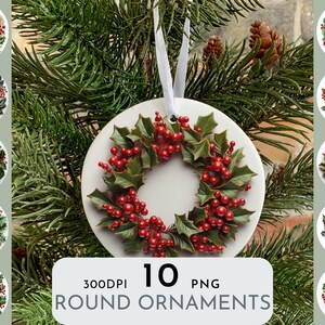 3D Effekt Holly Kranz Weihnachten Ornament Aquarell Clipart PNG, Runde Aufkleber Schlüsselanhänger Kommerzielle Nutzung Digitale Sofort Download