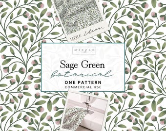 Diseño botánico verde salvia sin costuras / Papel digital floral rosa rubor / Delicado estampado de enredaderas para tela, papel tapiz y sublimación.