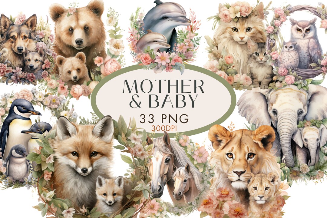 Mother and Baby Clipart PNG Bundle, Mothers Day Animals Watercolor ...