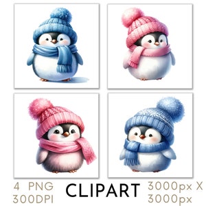 ピンク ブルー クリスマス ペンギン クリップアート イラスト 水彩 PNG セット 4 クリスマス クリスマス 商用利用、ペーパー クラフト デジタル インスタント ダウンロード