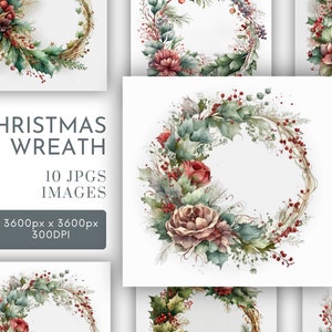Guirlandas de Natal em aquarela Clipart JPG, Junk Journaling, Flores festivas em aquarela Arte de parede Uso comercial Download instantâneo digital