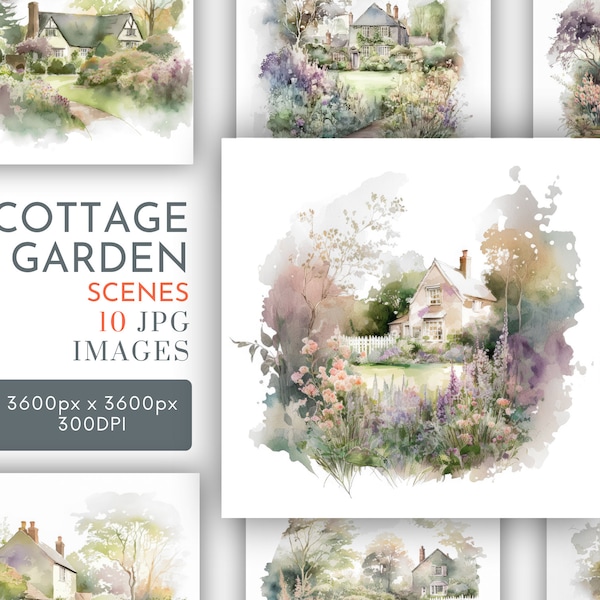 English Cottage Garden Watercolor Clipart JPG, Background Designs Junk Journaling Peaceful Wall Art Commercial Use Instant Download