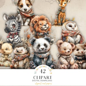 Bundle de Clipart PNG animaux lunatiques mignons, lapin souris vintage chambre d'enfant aquarelle Clipart usage commercial, téléchargement numérique instantané JJ102
