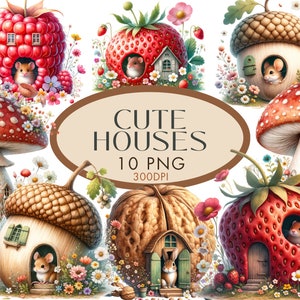Clipart PNG de jolies maisons de fées, champignon, maison gland, maison aux fraises aquarelle indésirable journalisation utilisation commerciale téléchargement immédiat