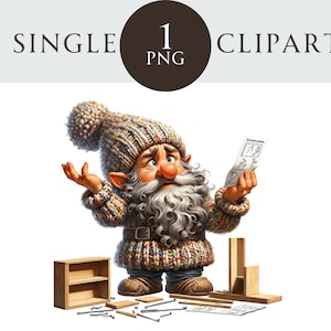DIY Gnome Clipart, Carpenter Gnome PNG Illustration, House Improvement Gnonk, Ideal para Cartões de Felicitações, Artesanato, Convites, Projetos de Papel