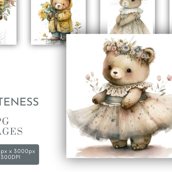 Bunnies In Tutus, Teddies In Bowties with Flowers Watercolor JPG, Mothers Day Clipart Wall Art Commercial Use Digital Instant Download