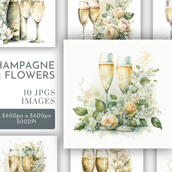 Champagne and Flowers Watercolor Clipart JPG, Glasses Junk Journaling, Watercolor Card Making Commercial Use Digital Instant Download