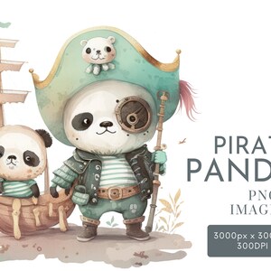 Panda verkleidet als Pirat Clipart , Kinderzimmer Frühling Clipart , Kinder Clipart , Jungenzimmer Clipart , Kommerzieller Gebrauch