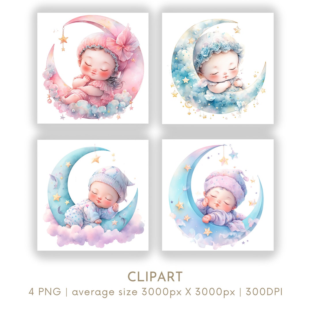 Sleeping Baby in the Moon Watercolor Clipart PNG Set 4 ,nursery Clipart ...